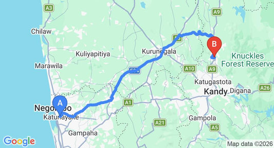 Driving route map: Colombo Airport (CMB) to Sesatha Hotel, Matale (127 km, approx 3 h 3 min private transfer)