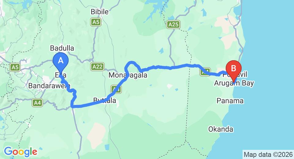 Driving route map: Ella to Arugam Bay (134 km, approx 3 h 0 min private transfer)