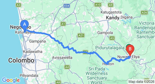 Driving route map: Colombo Airport (CMB) to Red Velvet Inn, Nuwara Eliya (155 km, approx 4 h 46 min private transfer)