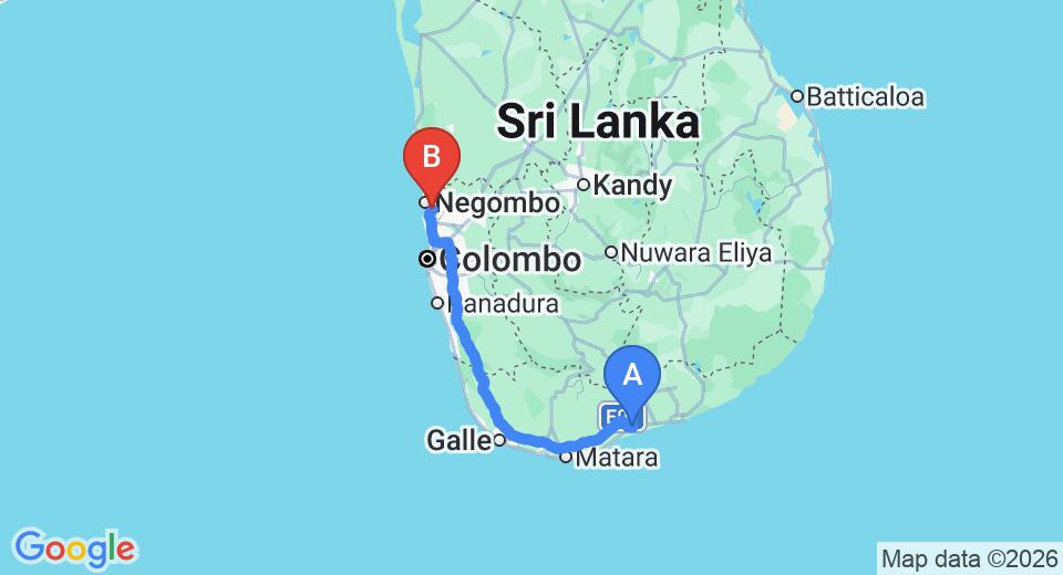 Driving route map: Ranna to Colombo Airport (CMB) (219 km, approx 2 h 48 min private transfer)