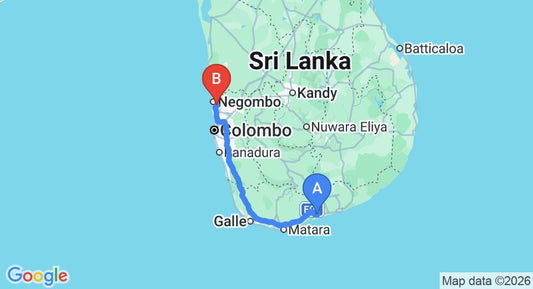 Driving route map: Ranna to Colombo Airport (CMB) (219 km, approx 2 h 48 min private transfer)