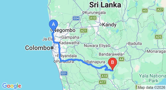 Driving route map: Colombo Airport (CMB) to Henegama (192 km, approx 4 h 36 min private transfer)