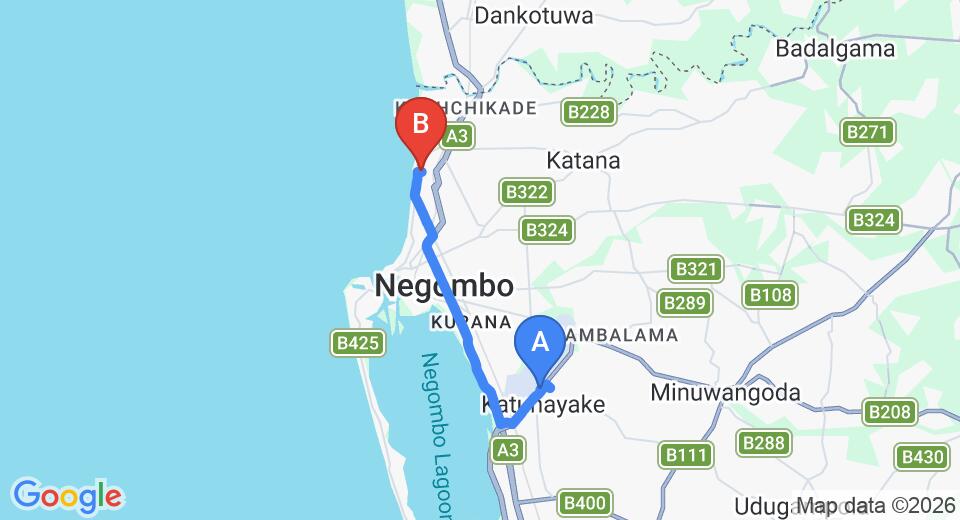Driving route map: Colombo Airport (CMB) to Leighton Resort, Negombo (14 km, approx 33 min private transfer)