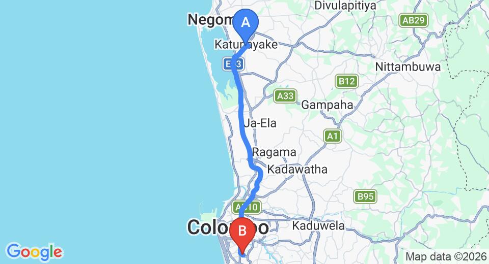 Driving route map: Colombo Airport (CMB) to Kanaro, Colombo (35 km, approx 48 min private transfer)