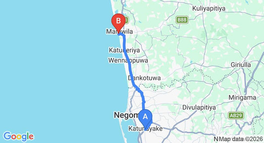 Driving route map: Colombo Airport (CMB) to Sri Beach Bungalows and Villa, Marawila (33 km, approx 1 h 1 min private transfer)