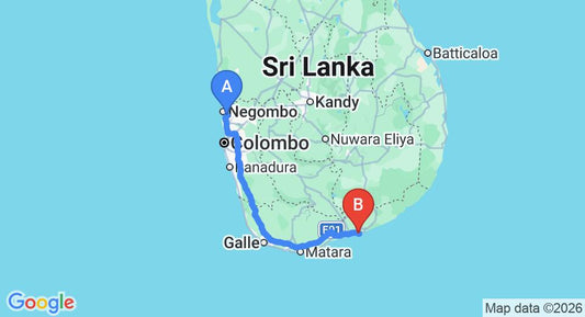 Driving route map: Colombo Airport (CMB) to The Oasis Ayurveda Beach Resort, Hambantota (245 km, approx 3 h 27 min private transfer)