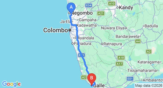 Driving route map: Colombo Airport (CMB) to 32 Middle Street, Galle (153 km, approx 2 h 13 min private transfer)