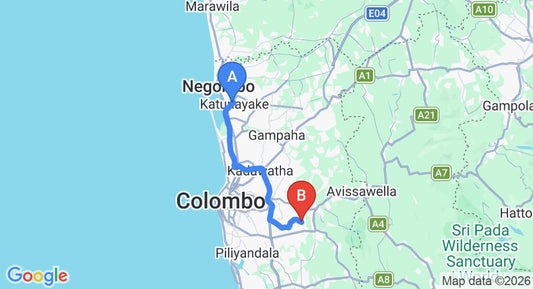 Driving route map: Colombo Airport (CMB) to Batawala (55 km, approx 1 h 6 min private transfer)