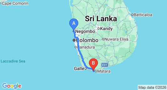 Driving route map: Negombo to Mirissa (181 km, approx 2 h 41 min private transfer)