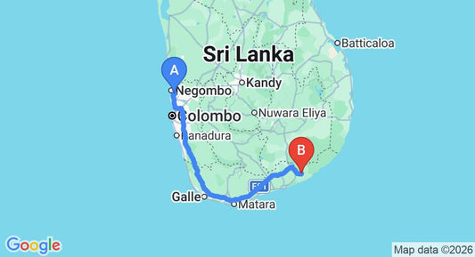 Driving route map: Colombo Airport (CMB) to Samorich Hotel, Tissamaharama (279 km, approx 3 h 43 min private transfer)
