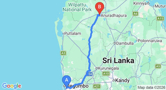 Driving route map: Colombo Airport (CMB) to Indrani Inn, Anuradhapura (175 km, approx 3 h 47 min private transfer)
