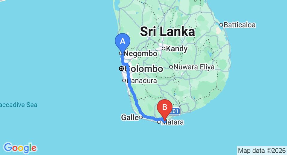 Driving route map: Colombo Airport (CMB) to Ani Villas, Dikwella (198 km, approx 2 h 50 min private transfer)