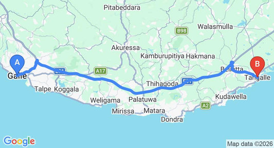 Driving route map: Galle to Tangalle (75 km, approx 1 h 15 min private transfer)
