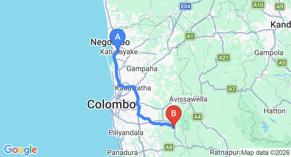 Driving route map: Colombo Airport (CMB) to Bope (65 km, approx 1 h 21 min private transfer)