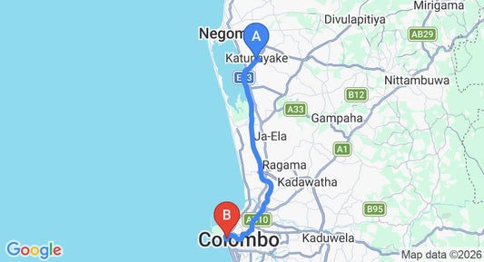 Driving route map: Colombo Airport (CMB) to Shangri-La, Colombo (35 km, approx 48 min private transfer)