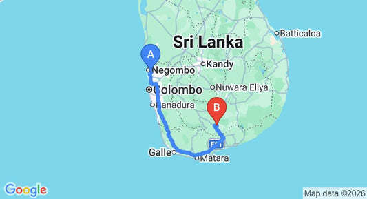 Driving route map: Colombo Airport (CMB) to Udawalawa Safari Village Hotel, Udawalawe (261 km, approx 3 h 40 min private transfer)