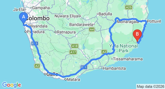 Driving route map: Ratmalana (RML) Airport to Kumana (427 km, approx 7 h 54 min private transfer)