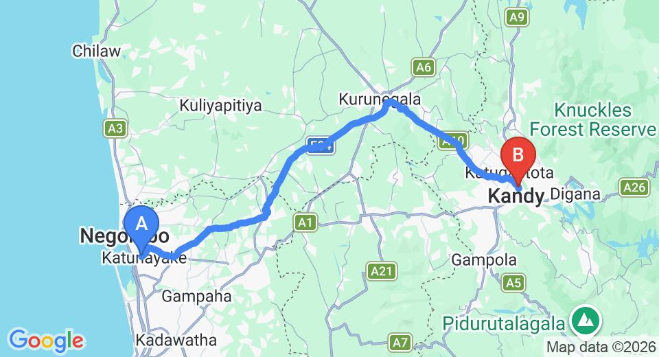 Driving route map: Colombo Airport (CMB) to Windswood Villa, Kandy (112 km, approx 2 h 46 min private transfer)