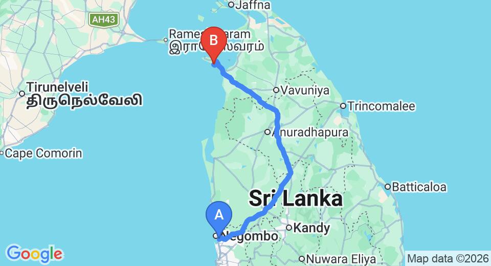 Driving route map: Colombo Airport (CMB) to Shell Coast Resort, Mannar (312 km, approx 6 h 13 min private transfer)