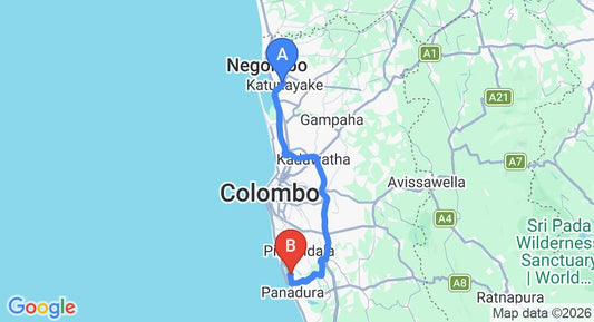 Driving route map: Colombo Airport (CMB) to Keselwatta (72 km, approx 1 h 26 min private transfer)