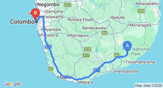 Driving route map: Kataragama to Colombo Seaport (278 km, approx 3 h 42 min private transfer)
