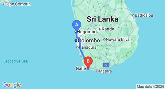 Driving route map: Colombo Airport (CMB) to Villa in Paradise, Unawatuna (153 km, approx 2 h 9 min private transfer)