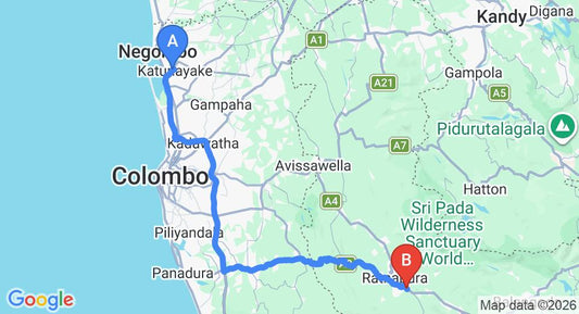 Driving route map: Colombo Airport (CMB) to Serene Villa, Ratnapura (123 km, approx 2 h 42 min private transfer)