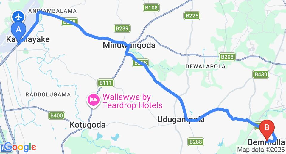 Driving route map: Colombo Airport (CMB) to Bemmulla (23 km, approx 49 min private transfer)