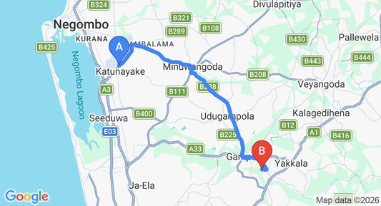 Driving route map: Colombo Airport (CMB) to Silver Ring Village Hotel, Gampaha (23 km, approx 49 min private transfer)