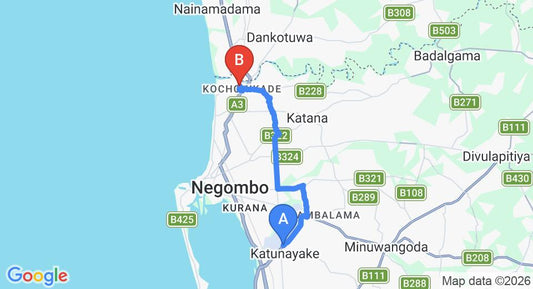 Driving route map: Colombo Airport (CMB) to Emel Boutique Hotel, Negombo (16 km, approx 36 min private transfer)