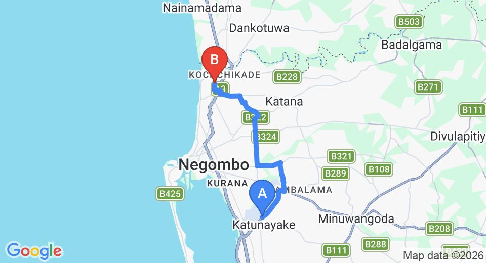 Driving route map: Colombo Airport (CMB) to Silver Sands, Negombo (16 km, approx 35 min private transfer)
