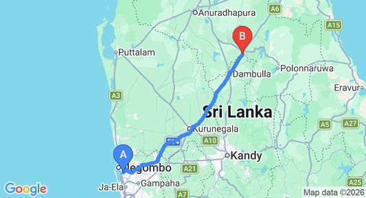 Driving route map: Colombo Airport (CMB) to Tropical Leisure Voyages, Habarana (149 km, approx 3 h 10 min private transfer)