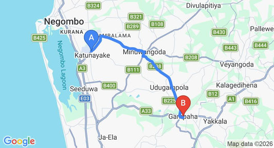 Driving route map: Colombo Airport (CMB) to Christine Nature Resort, Gampaha (20 km, approx 41 min private transfer)