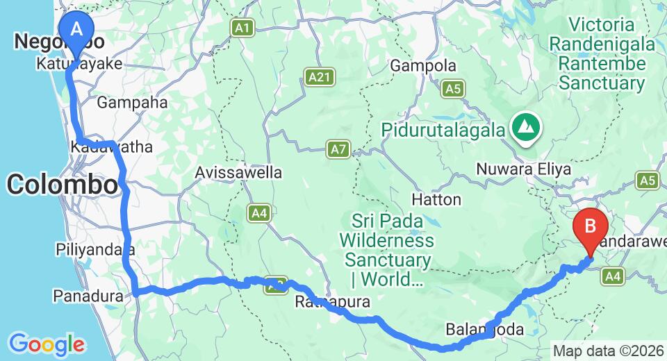 Driving route map: Colombo Airport (CMB) to Idalgashinna (206 km, approx 5 h 12 min private transfer)