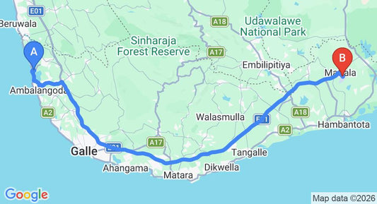 Driving route map: Ahungalla to Mattala (HRI) Airport (157 km, approx 2 h 13 min private transfer)