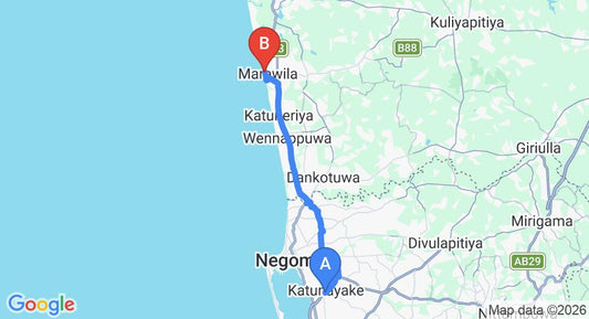 Driving route map: Colombo Airport (CMB) to Amagi Beach Hotel, Marawila (34 km, approx 1 h 3 min private transfer)