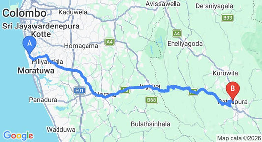 Driving route map: Ratmalana (RML) Airport to Ratnapura (78 km, approx 2 h 17 min private transfer)