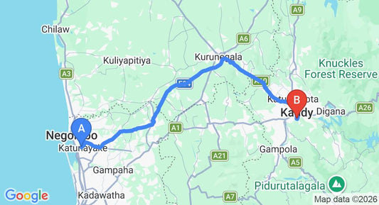 Driving route map: Colombo Airport (CMB) to Hantana (118 km, approx 3 h 5 min private transfer)