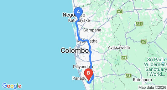 Driving route map: Colombo Airport (CMB) to Purple Coot Ayurveda Retreat, Wadduwa (74 km, approx 1 h 22 min private transfer)