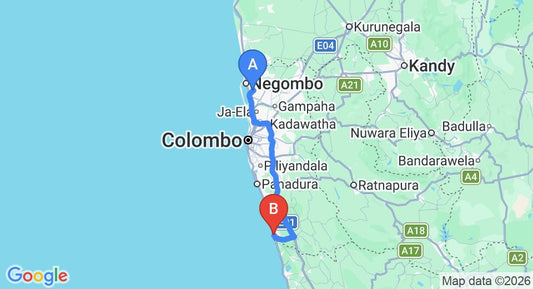 Driving route map: Colombo Airport (CMB) to Chamo Villa, Beruwala (108 km, approx 1 h 41 min private transfer)