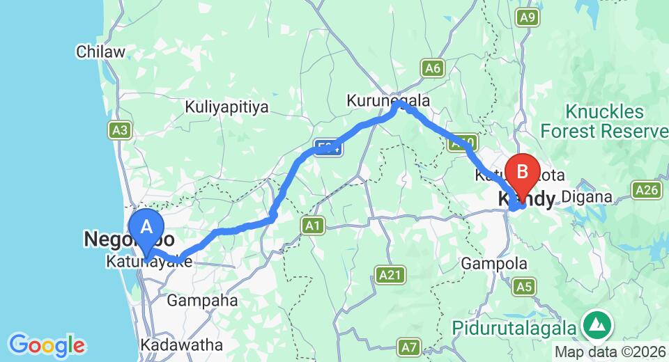 Driving route map: Colombo Airport (CMB) to W Residence, Kandy (115 km, approx 2 h 56 min private transfer)