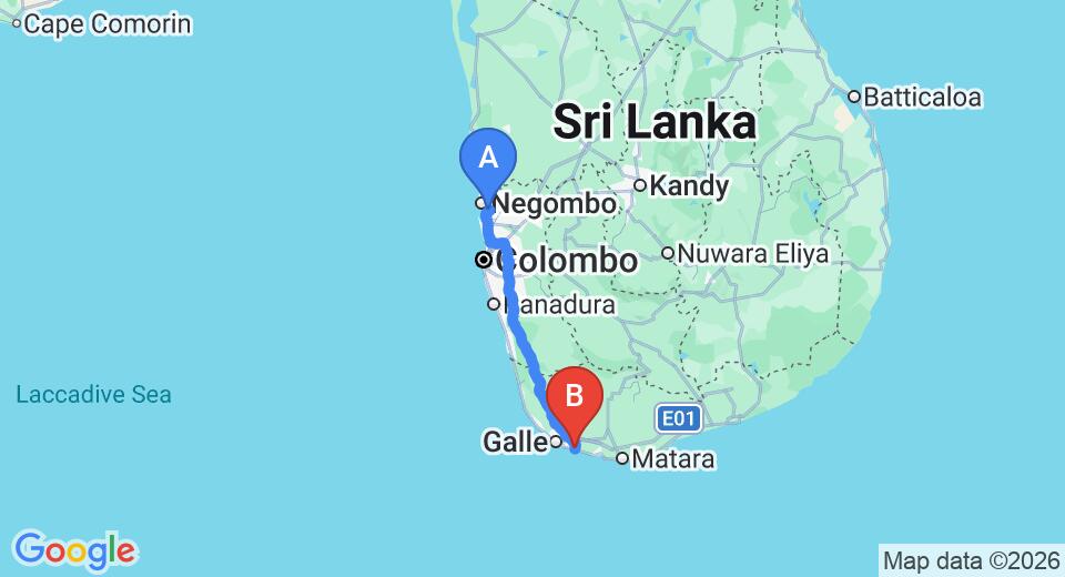 Driving route map: Colombo Airport (CMB) to Beachfront Villa, Habaraduwa (157 km, approx 2 h 19 min private transfer)