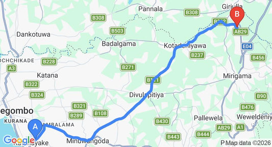 Driving route map: Colombo Airport (CMB) to Loluwagoda (37 km, approx 1 h 7 min private transfer)