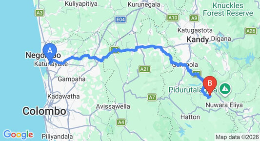 Driving route map: Colombo Airport (CMB) to Waterfalls Cottage Dunsinane, Nuwara Eliya (155 km, approx 4 h 47 min private transfer)