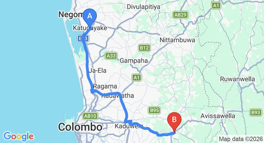 Driving route map: Colombo Airport (CMB) to Ambalama Leisure Lounge, Hanwella (53 km, approx 1 h 9 min private transfer)