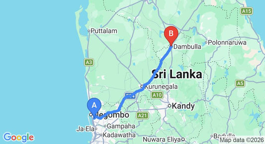 Driving route map: Colombo Airport (CMB) to Milano Grand New Rest House, Dambulla (129 km, approx 2 h 47 min private transfer)