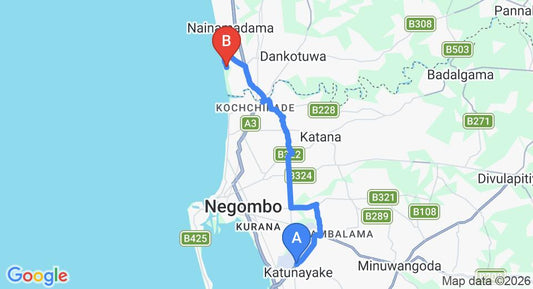 Driving route map: Colombo Airport (CMB) to Wattura Resort and Spa, Waikkal (21 km, approx 44 min private transfer)
