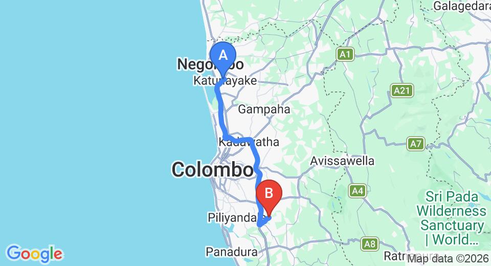 Driving route map: Colombo Airport (CMB) to Kiriwattuduwa (59 km, approx 1 h 0 min private transfer)