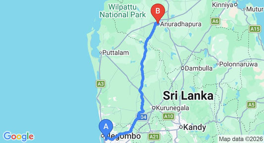 Driving route map: Colombo Airport (CMB) to Peacock Residence, Anuradhapura (174 km, approx 3 h 45 min private transfer)