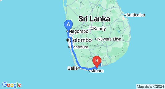 Driving route map: Colombo Airport (CMB) to Sole Luna Resort & Spa, Tangalle (213 km, approx 2 h 54 min private transfer)